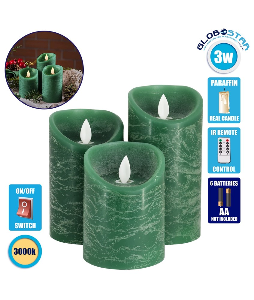 GloboStar® 79560 ΣΕΤ 3 Διακοσμητικών Realistic Κεριών Παραφίνης με LED Εφέ Κινούμενης Φλόγας - Μπαταρίας & Ασύρματο Χειριστήριο IR Πράσινα με Ασημένιες Ρίγες Θερμό Λευκό 3000K Dimmable